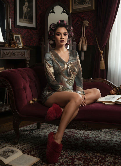 A woman with vintage curlers sits on a dark red velvet chaise lounge in a moody, vintage-style room. She is wearing a sheer, patterned satin slip dress with a bow and matching red fuzzy slippers.