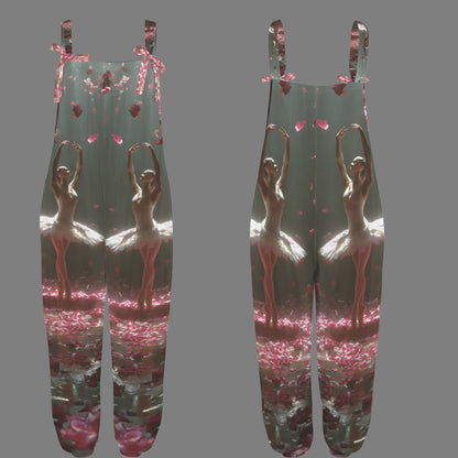 A pair of sleeveless ballet-style overalls shown front and back on a plain gray background. The garment features a mirrored print of ballerina figures, pink rose petals, and pink bows on the straps.