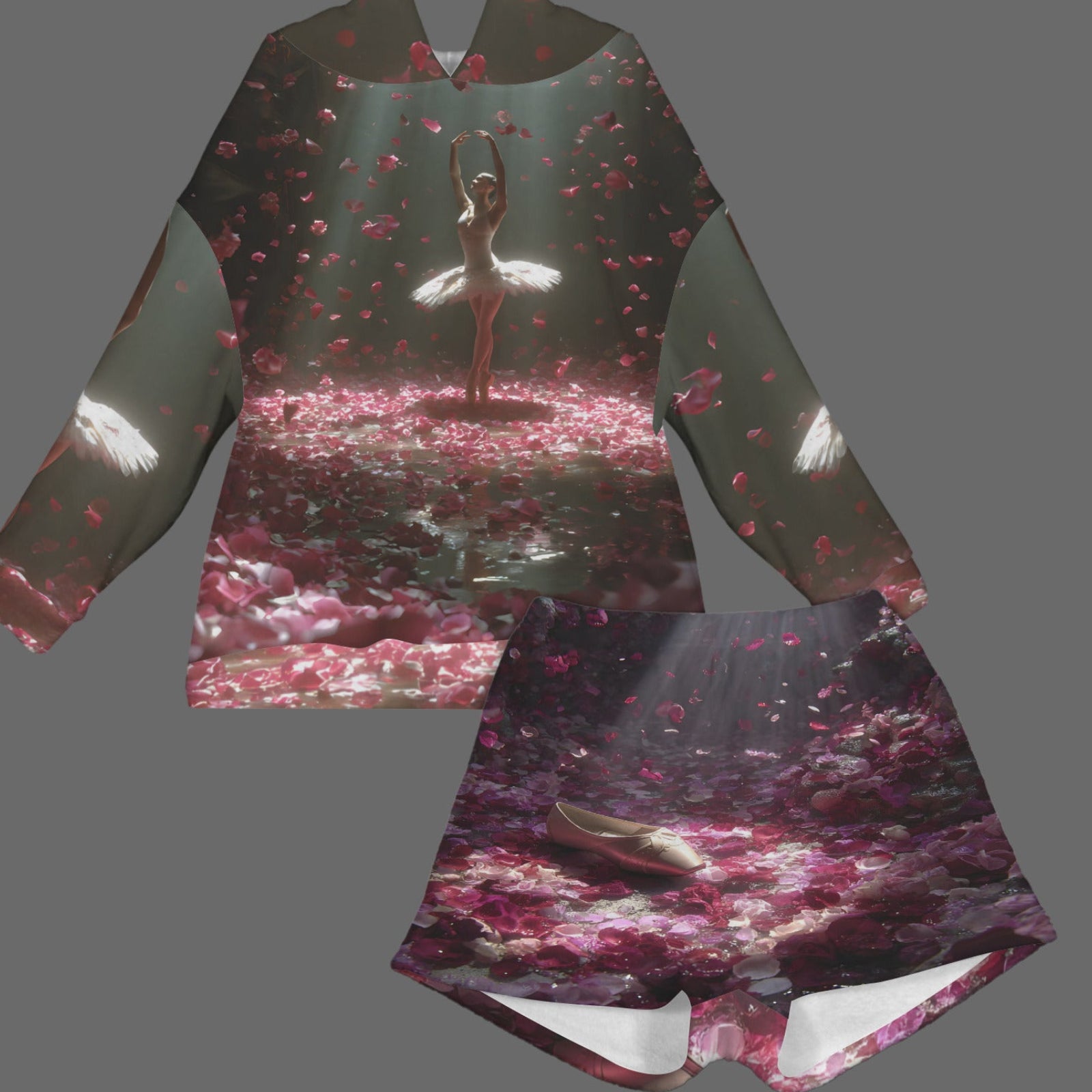 A matching two-piece lounge set consisting of a long-sleeve hoodie and shorts, both featuring an all-over sublimation print of a ballerina on a floor covered in pink rose petals with light rays filtering through.