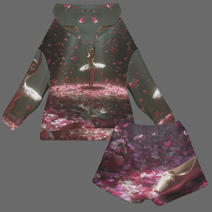 A matching two-piece outfit featuring a long-sleeve hoodie and shorts set, both printed with a romantic ballet scene. The design shows a ballerina on a reflective pool surrounded by falling pink rose petals, with a pink ballet shoe graphic on the shorts.