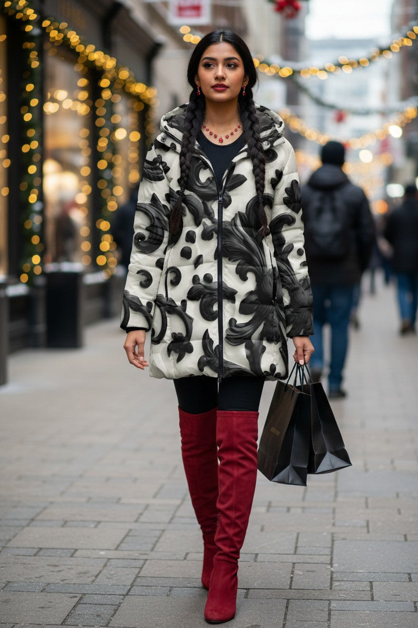 A woman walking on a city street wearing a black and white patterned coat, red over-the-knee boots, and holding black shopping bags.
