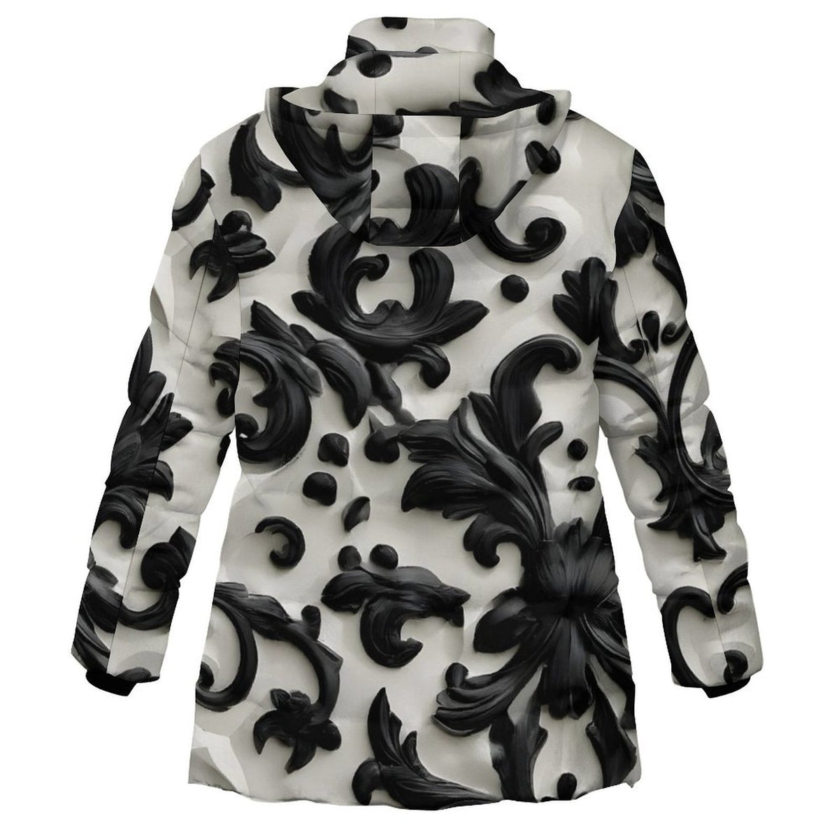 A long-sleeve hooded jacket featuring a bold black and white 3D-effect baroque scroll pattern, shown against a plain white background.