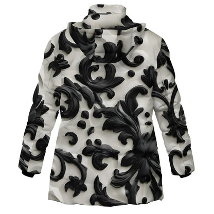 A long-sleeve hooded jacket featuring a bold black and white 3D-effect baroque scroll pattern, shown against a plain white background.