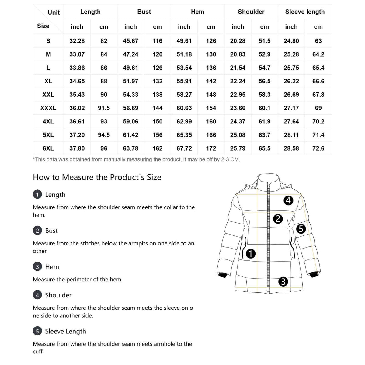 Size chart for a jacket with measurements in inches and centimeters, and instructions on how to measure the product.