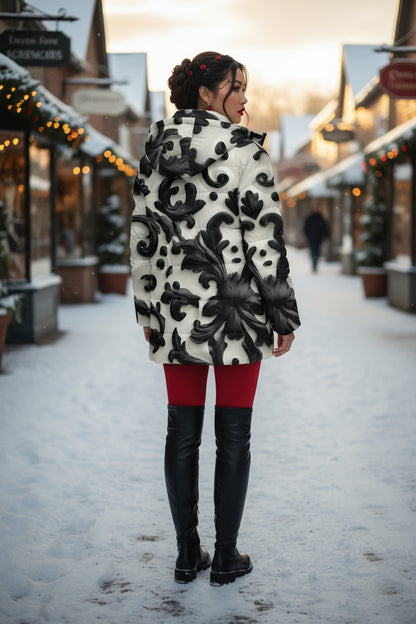 A woman stands in a snowy outdoor village street wearing a cream faux-fur coat with a bold black floral baroque pattern, red leggings, and black over-the-knee boots.