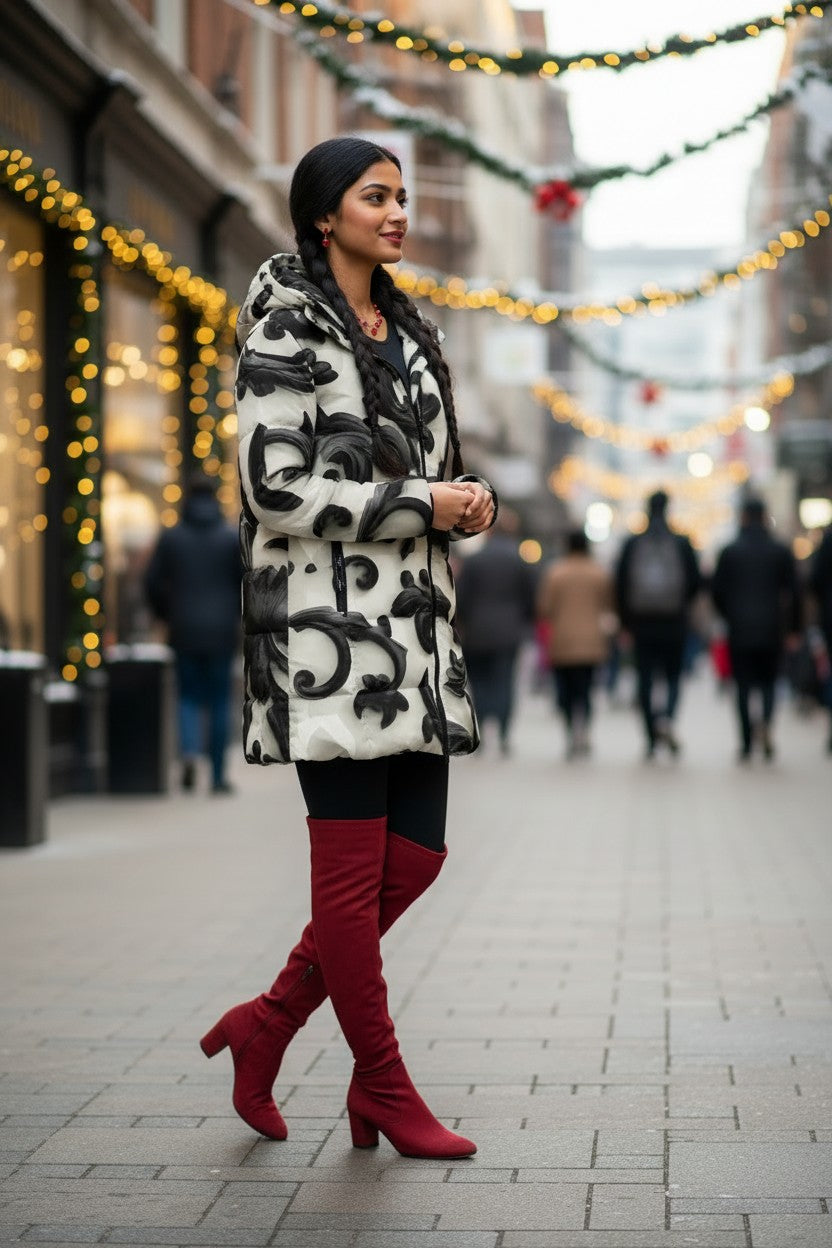 A woman walking down a city street decorated with Christmas lights and green garlands, wearing a black and white patterned faux fur coat, black leggings, and red over-the-knee boots.