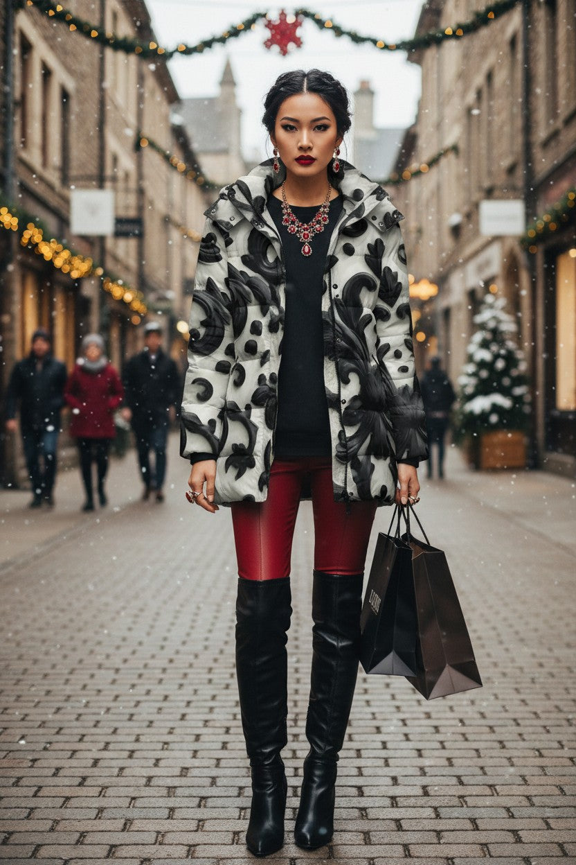 A woman stands on a cobblestone city street wearing a black and white abstract patterned coat over a black top and red leggings, with black over-the-knee boots and holding a black shopping bag. Christmas decorations, including garlands and a red star, are visible in the background.