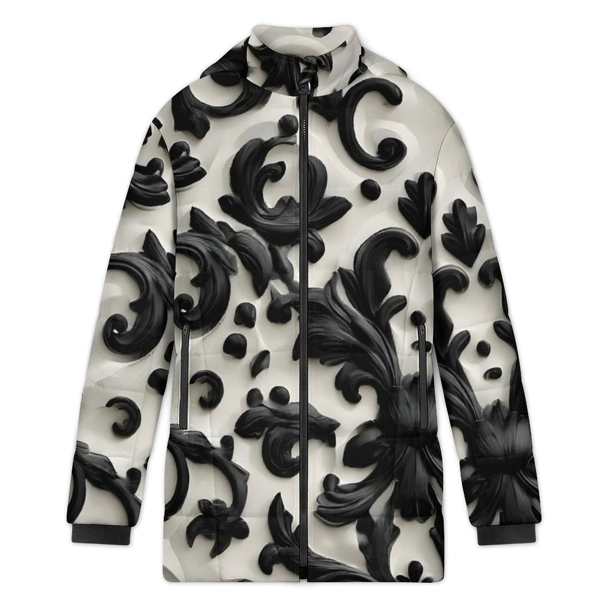 All-Over Print Women's Stand Collar Hooded Zipper Puffer Coat
