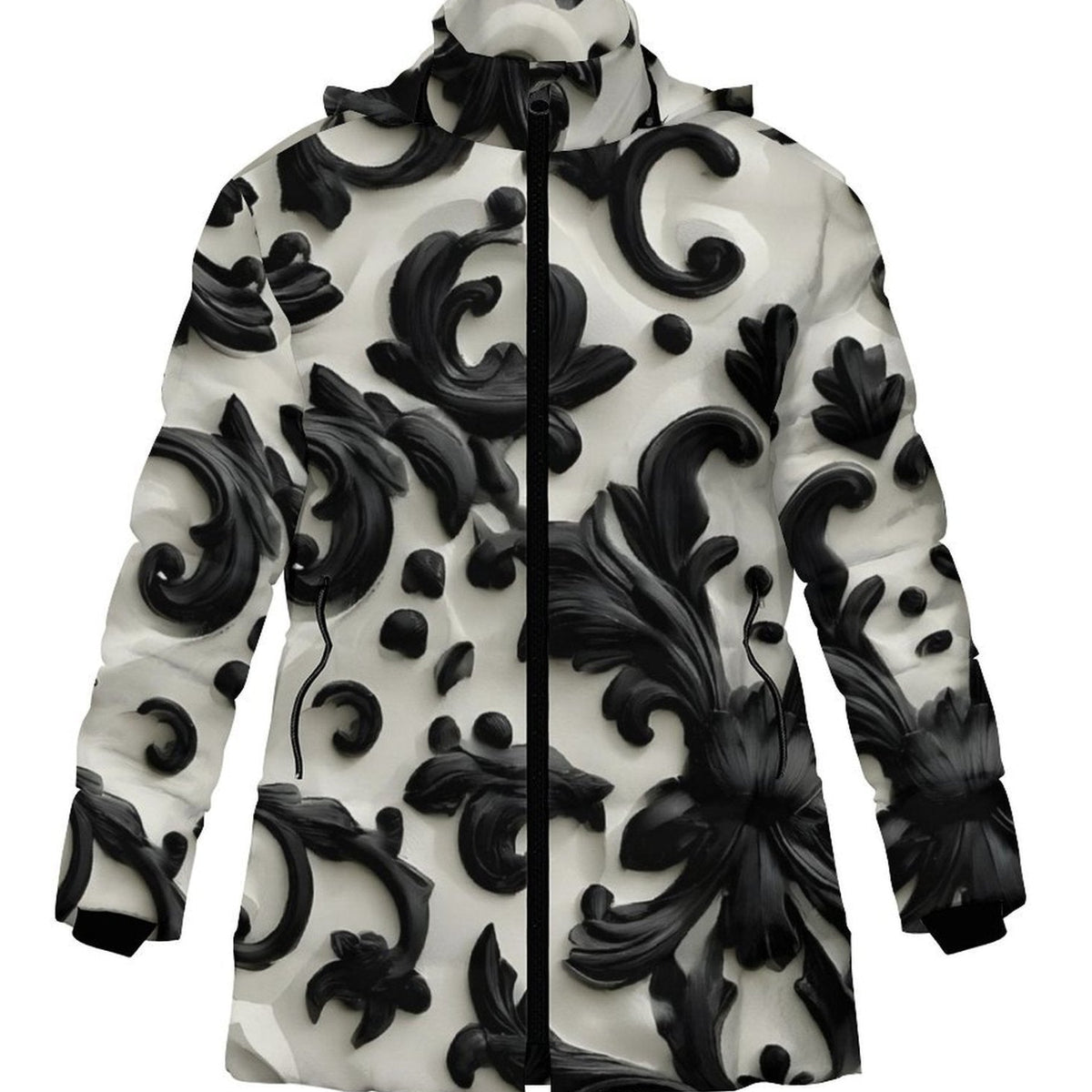A hooded zip-up jacket with a bold black and off-white 3D baroque scroll pattern, shown against a plain white background.