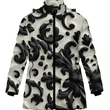 A hooded zip-up jacket with a bold black and off-white 3D baroque scroll pattern, shown against a plain white background.