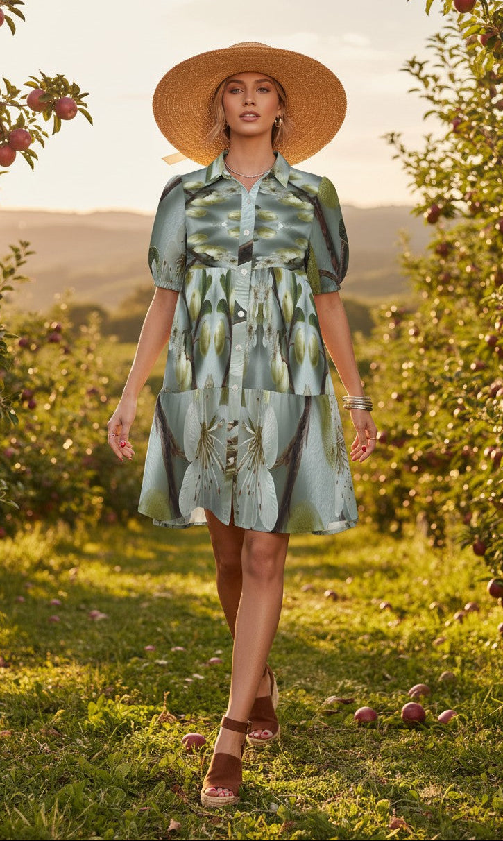 Woman in a patterned dress and straw hat standing in an apple orchard.