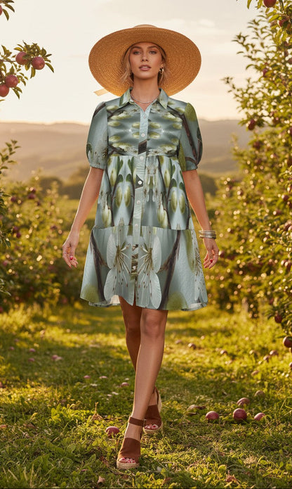Woman in a patterned dress and straw hat standing in an apple orchard.