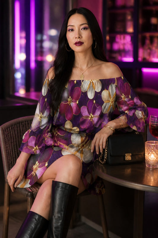 A woman seated at a table in a dimly lit bar or lounge, wearing an off-the-shoulder purple floral dress with long sleeves and black knee-high boots. A black handbag rests beside her on the table.