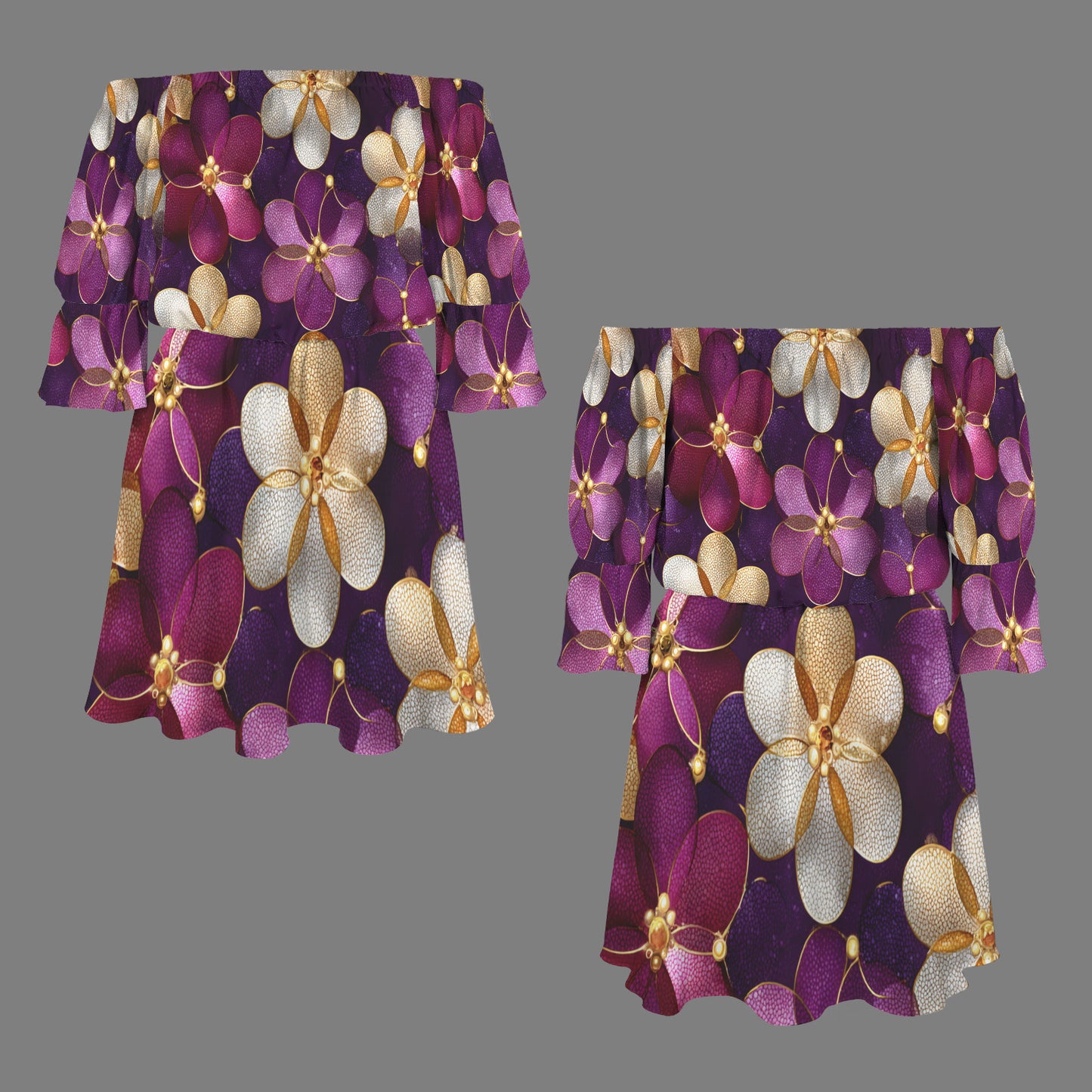 Two views of a purple off-the-shoulder dress with a 3D-effect floral print in shades of purple, magenta, and gold, displayed against a solid gray background.