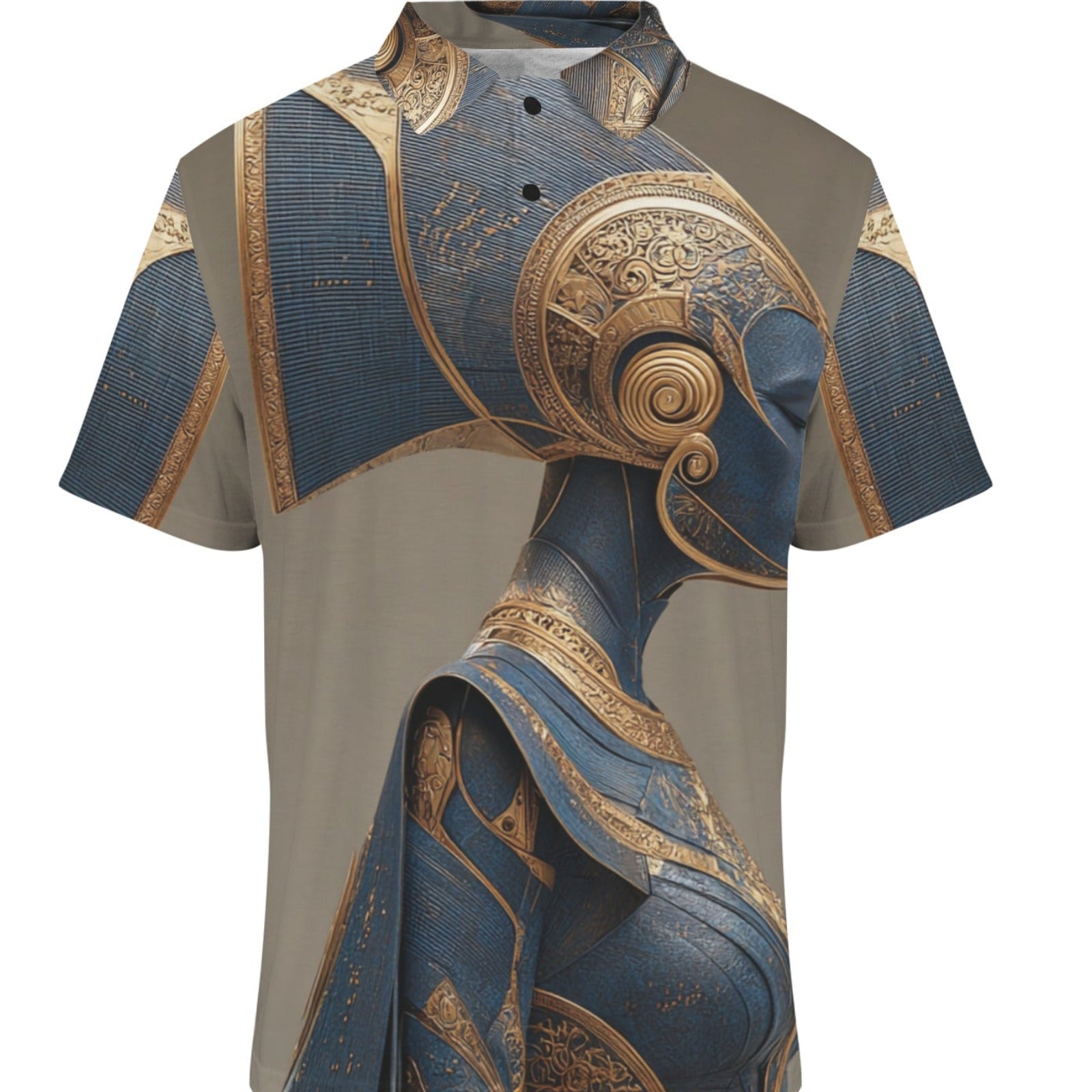 Short-sleeve shirt with intricate blue and gold design on a white background