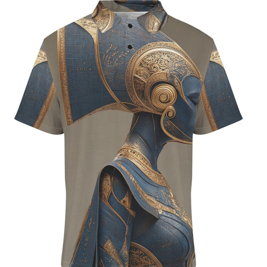 Short-sleeve shirt with intricate blue and gold design on a white background