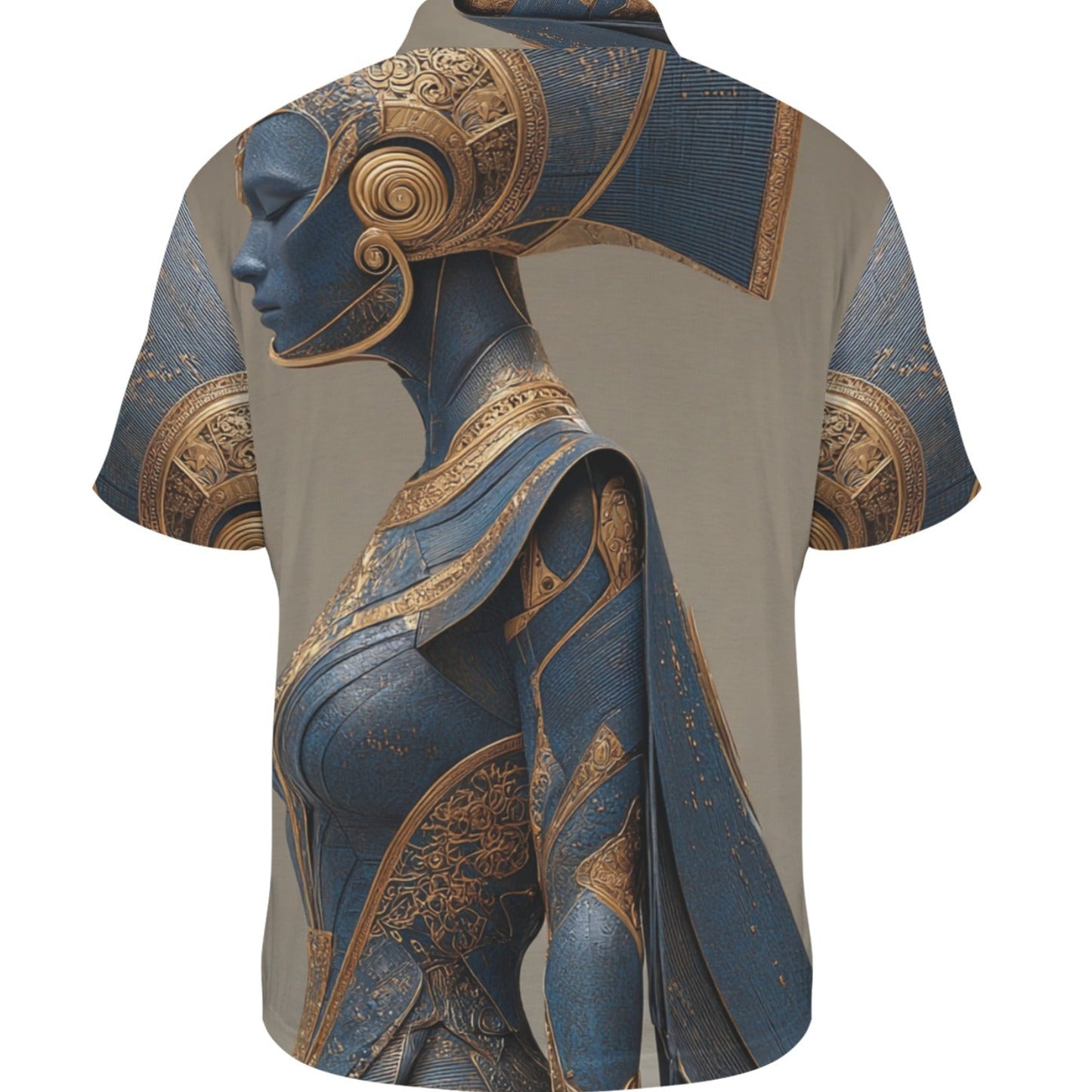 Short-sleeve shirt with intricate blue and gold design on a white background