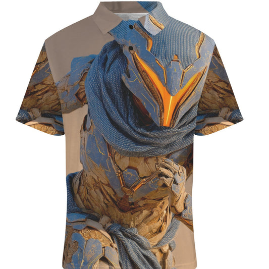 T-shirt with a graphic design of a character with armor and scarf on a white background