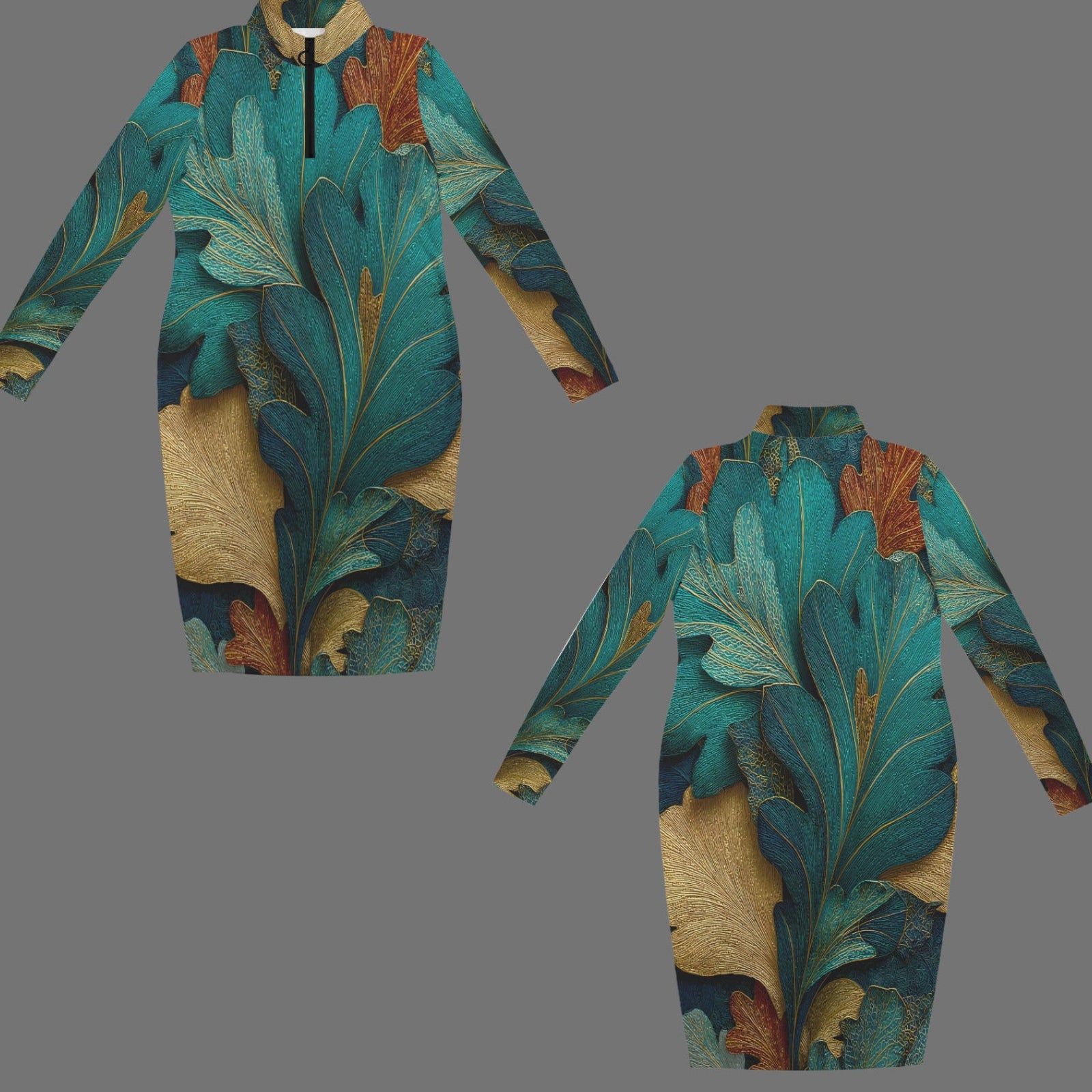 Front and back views of a long-sleeve mock-neck dress featuring an abstract botanical pattern in teal, blue, gold, and rust brown on a solid gray background.