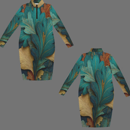 Front and back views of a long-sleeve mock-neck dress featuring an abstract botanical pattern in teal, blue, gold, and rust brown on a solid gray background.