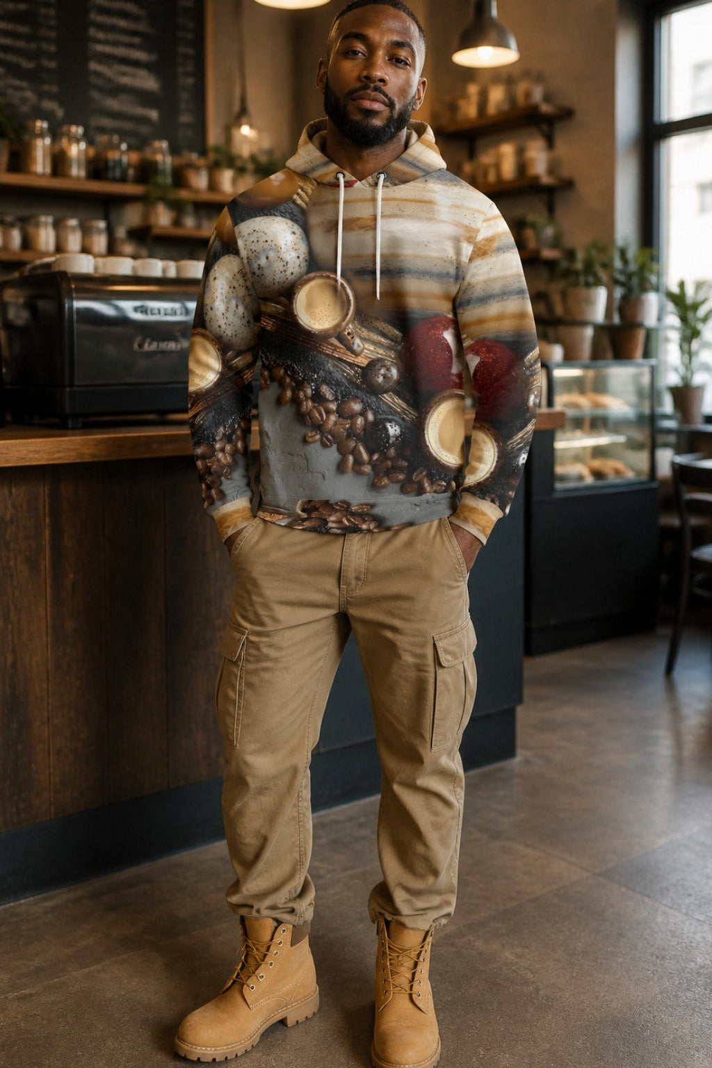 A man wearing a coffee-themed hoodie with a detailed coffee bean and cup graphic, khaki cargo pants, and tan boots, standing inside a cozy cafe environment.