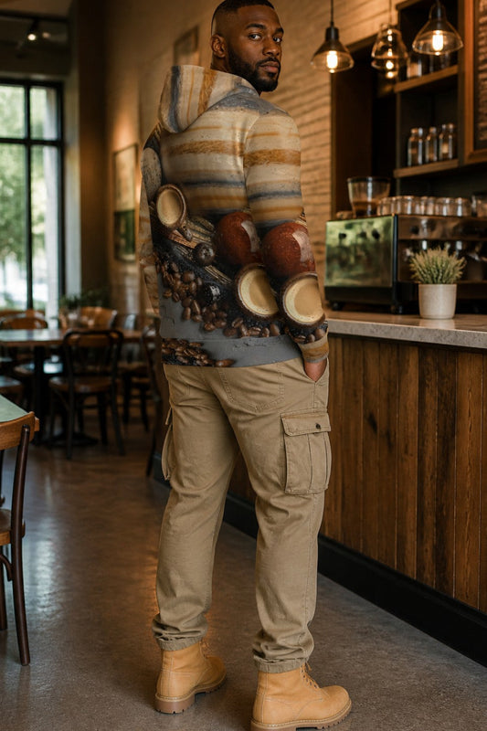 A man standing in a cozy coffee shop, wearing a striped and patterned hoodie, beige cargo pants, and tan boots.