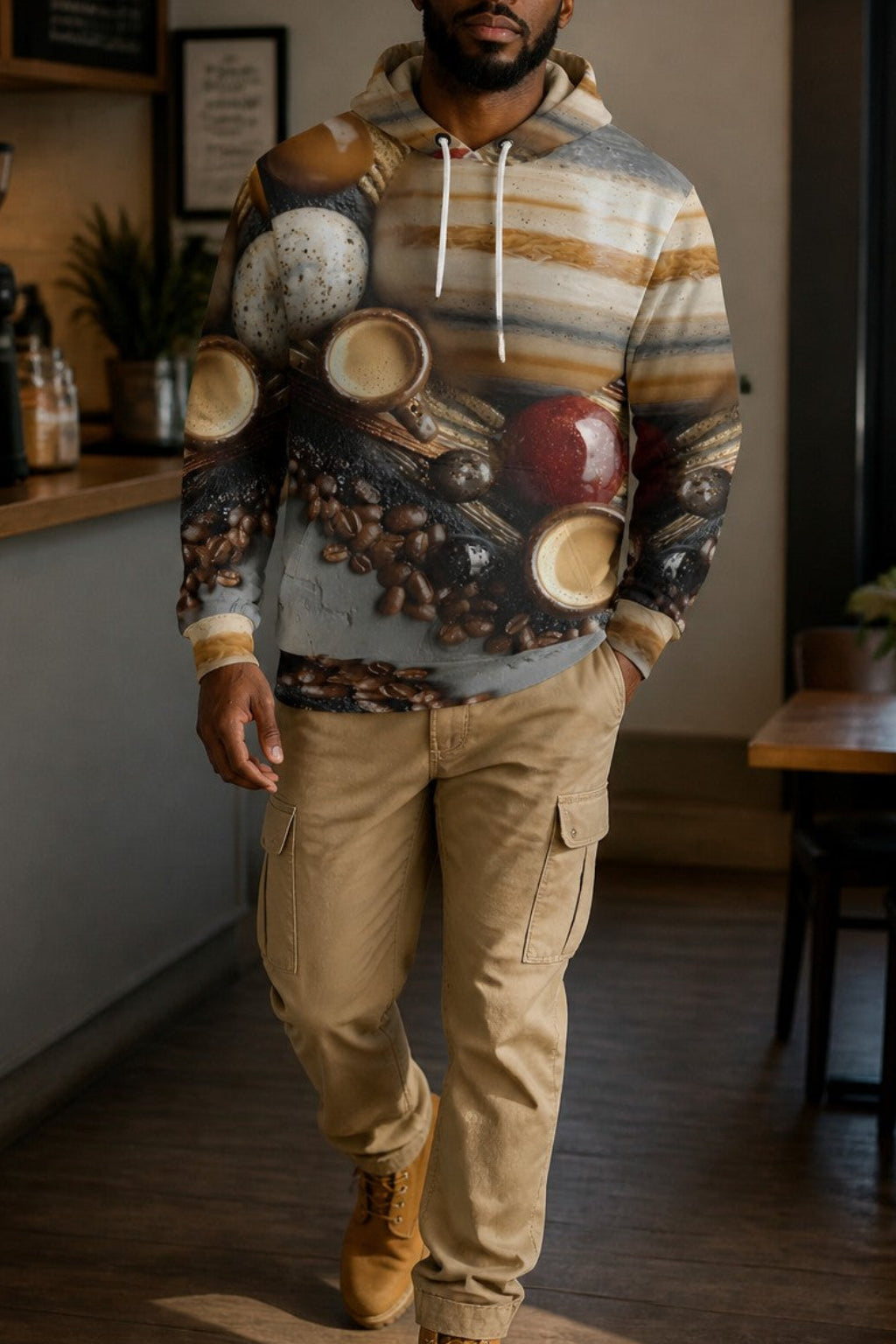 A man wearing a graphic hoodie with a coffee-themed print, khaki cargo pants, and tan boots walking inside a coffee shop.