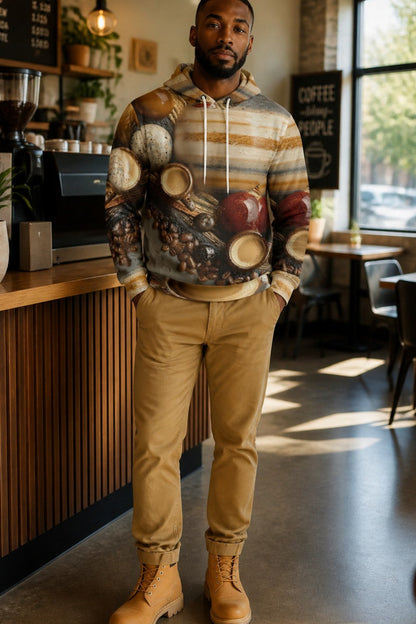 A man standing in a coffee shop wearing a complex, multi-colored hoodie with a collage print of coffee cups and beans, tan pants, and tan boots.