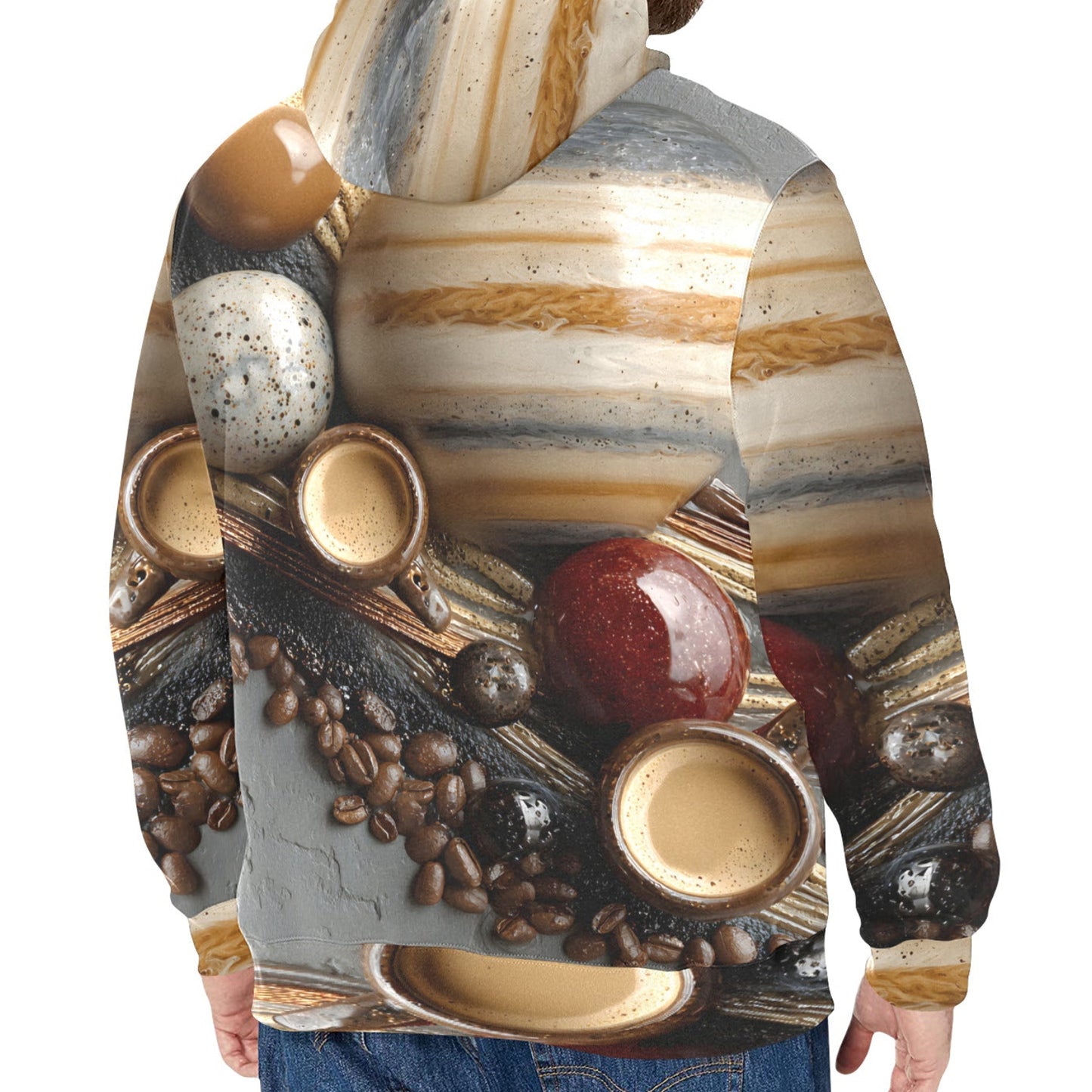 A person shown from the back wearing a hooded sweatshirt with an all-over coffee-themed print featuring espresso cups, coffee beans, and a striped stone-like background, against a plain white studio background.