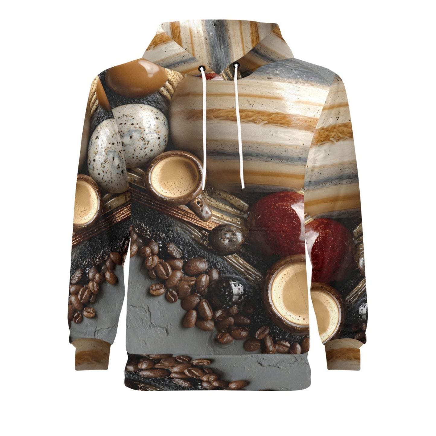 A pullover hoodie featuring an all-over photographic print of coffee-themed imagery, including coffee beans, espresso cups, a coffee table scene, and a striped awning background, with white drawstrings.