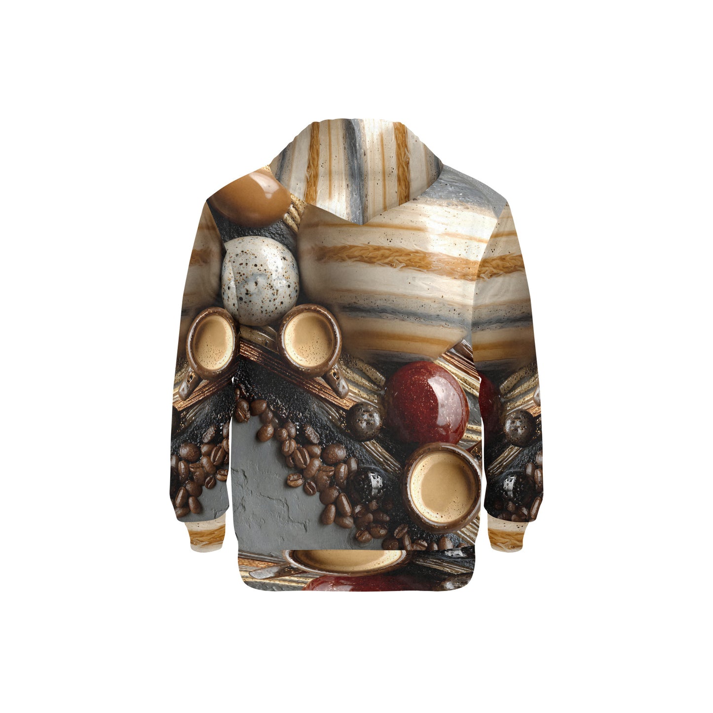 A long-sleeve hooded sweatshirt featuring an all-over coffee-themed photographic print with espresso cups, coffee beans, and a striped pattern on a white background.