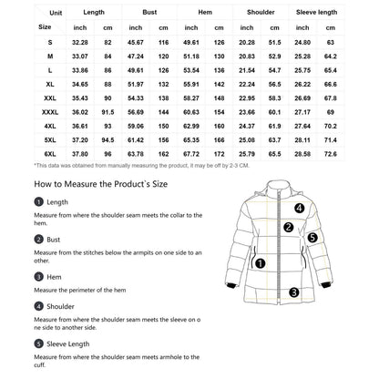 Size chart for a jacket with measurements in inches and centimeters, and instructions on how to measure the product.