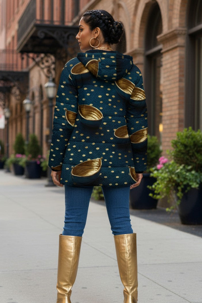 A woman stands on a city sidewalk wearing a dark teal hooded jacket with a gold abstract pattern, blue jeans, and tall metallic gold boots, photographed from behind.