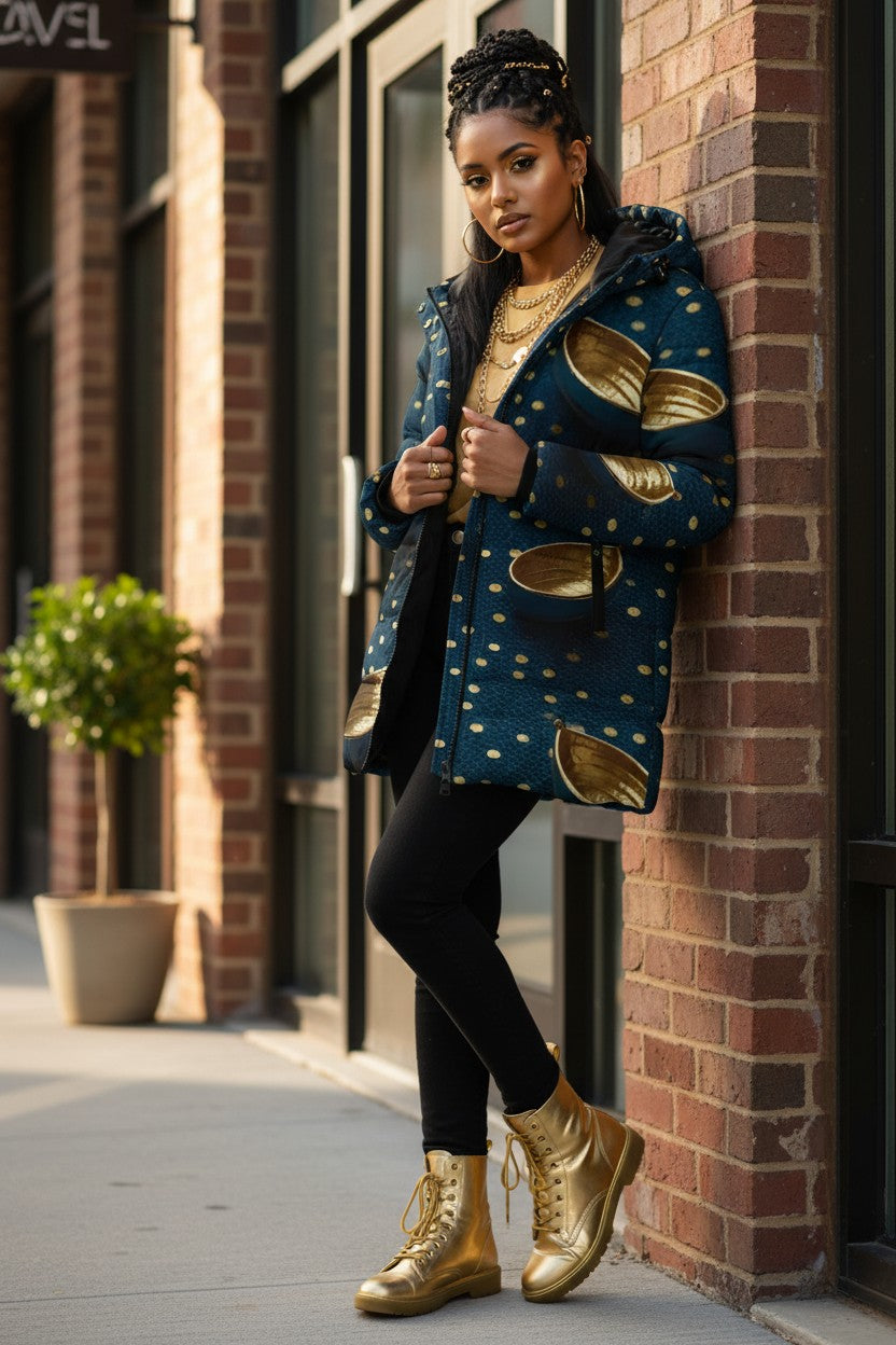 A woman stands on a sidewalk beside a brick wall, wearing a dark teal hooded jacket with metallic gold patches and gold polka dots, black leggings, and shiny gold lace-up boots.