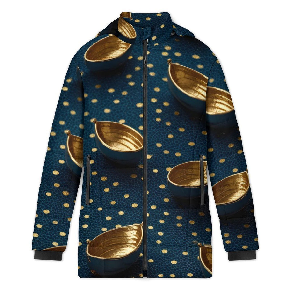 A hooded zip-up jacket with a dark blue textured background, decorated with gold polka dots and large metallic gold boat motifs, shown on a plain white background.