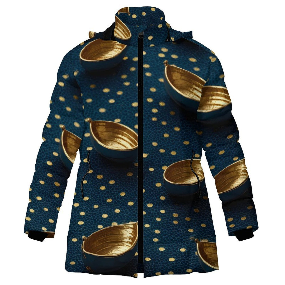 A hooded zip-up jacket with a dark blue textured background, covered in a pattern of floating gold bowls, shown on a plain white background.