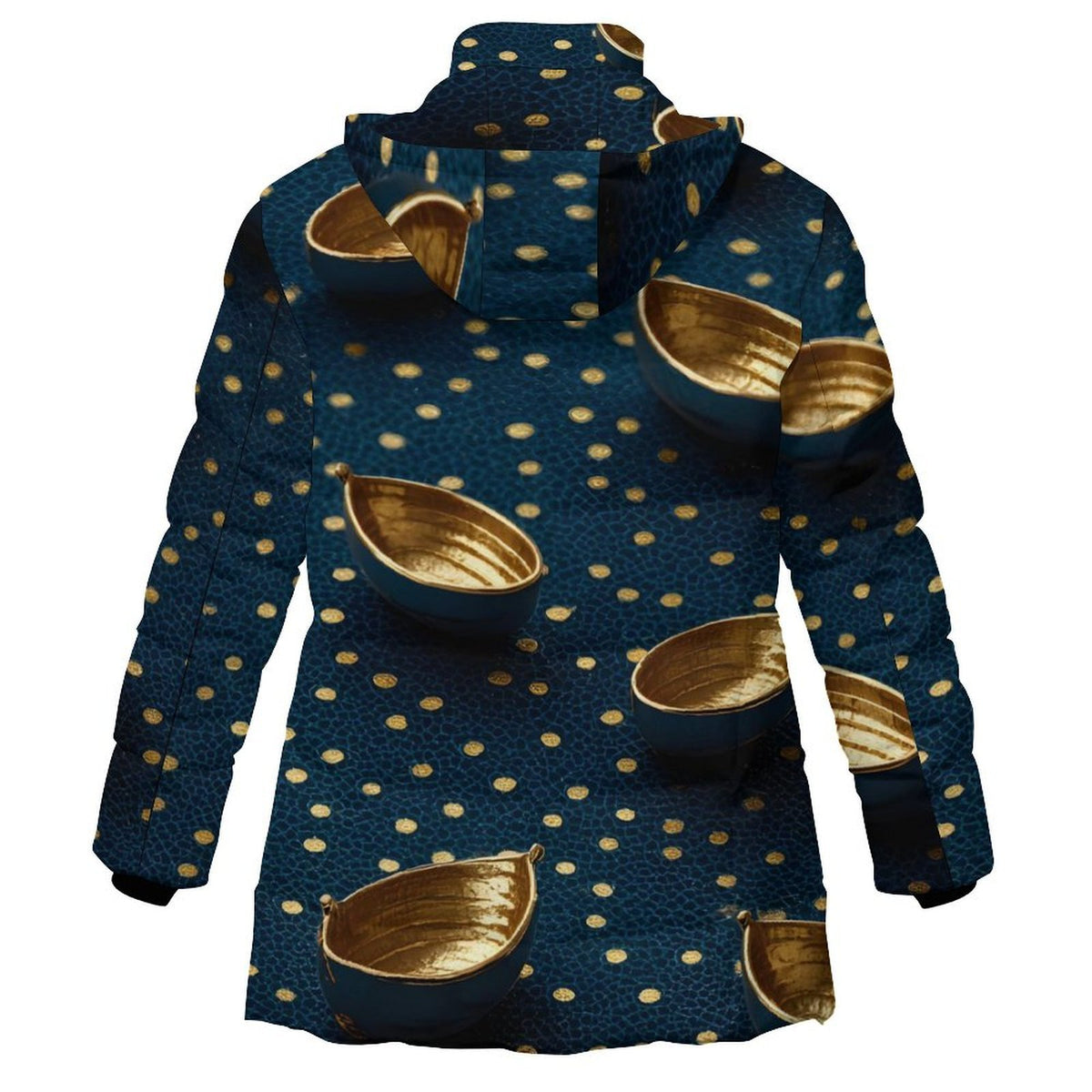 A hooded jacket with a dark blue textured background, covered in gold polka dots and featuring large floating gold bowls printed across the surface, shown on a plain white background.