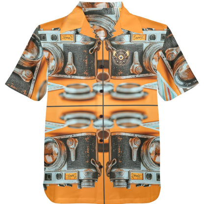Short-sleeve shirt with vintage camera pattern on an orange background