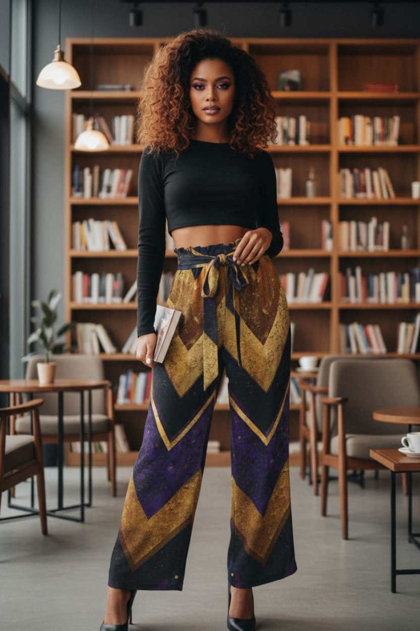 A woman stands in a modern book-filled cafe wearing high-waisted wide-leg trousers with a bold chevron pattern in black, gold, and purple, paired with a black long-sleeve crop top and black heels.