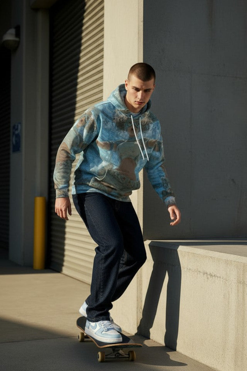 A man skateboarding down a concrete ramp in an urban setting, wearing a blue and gray camouflage hoodie, dark pants, and white sneakers.