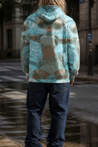 A person standing on a city street, viewed from behind, wearing a light blue hooded sweatshirt with a large teddy bear graphic print, dark blue jeans, and white sneakers.