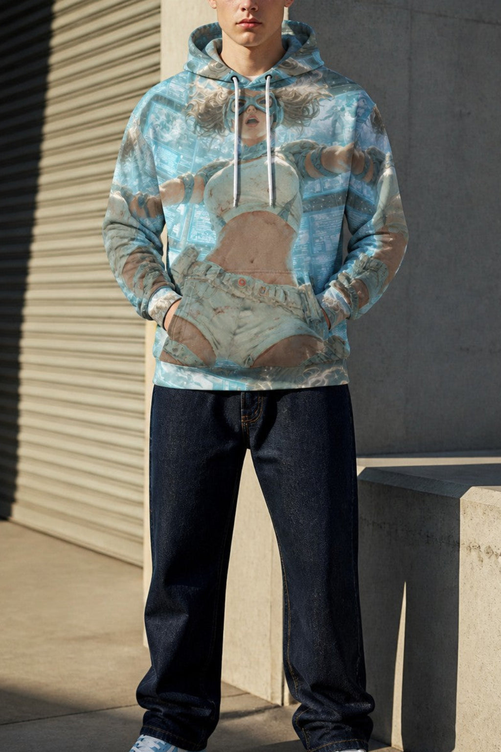 A male model stands outdoors against a concrete wall and metal shutter, wearing a light blue and white graphic-print hoodie with dark blue jeans and light blue sneakers.