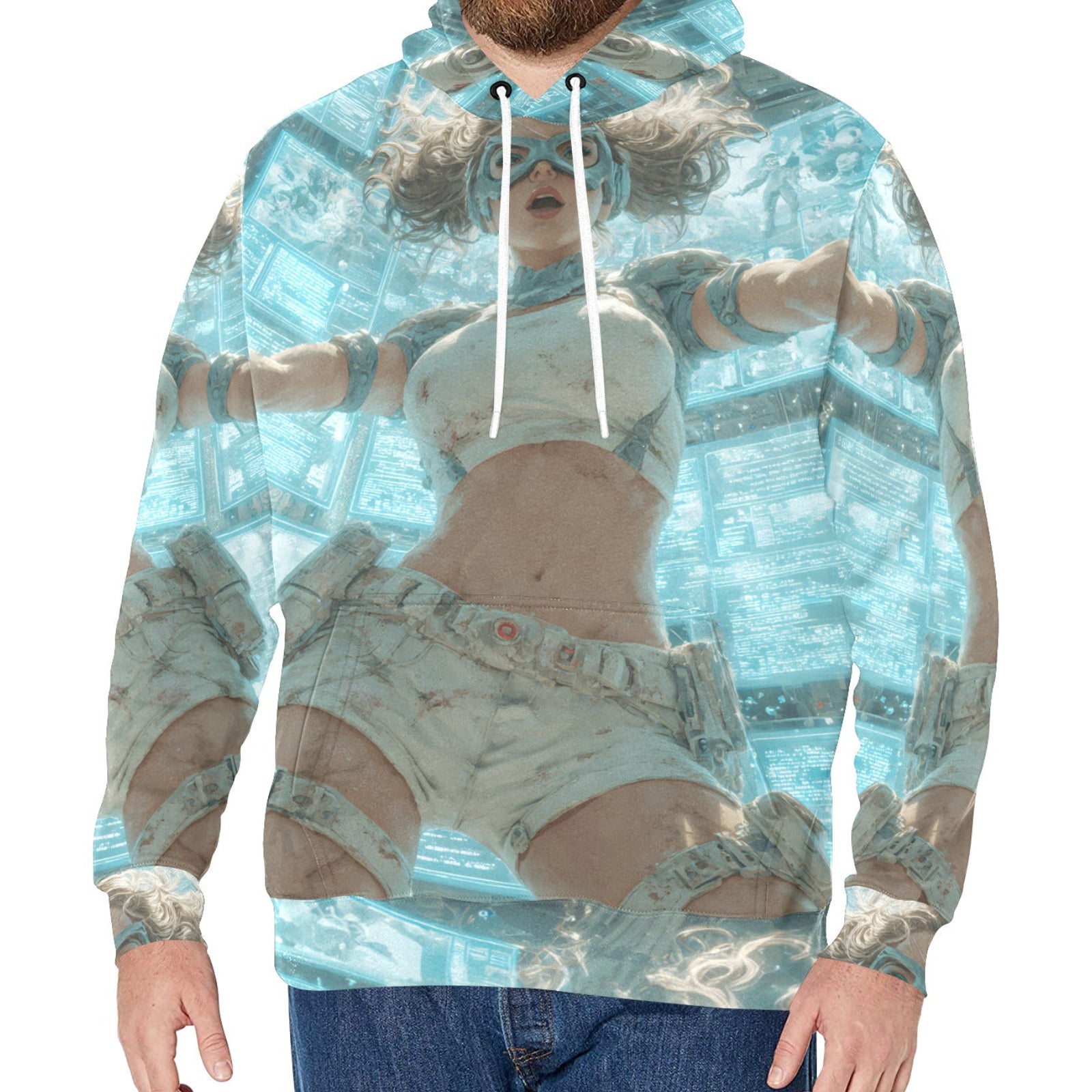 A man wearing a light blue pullover hoodie with a full-body graphic print of a woman in a futuristic outfit, paired with blue jeans against a plain white background.
