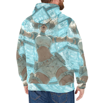A man wearing a light blue hooded sweatshirt with an all-over graphic print of a futuristic woman in white clothing against a tech-style background, shown from the back.