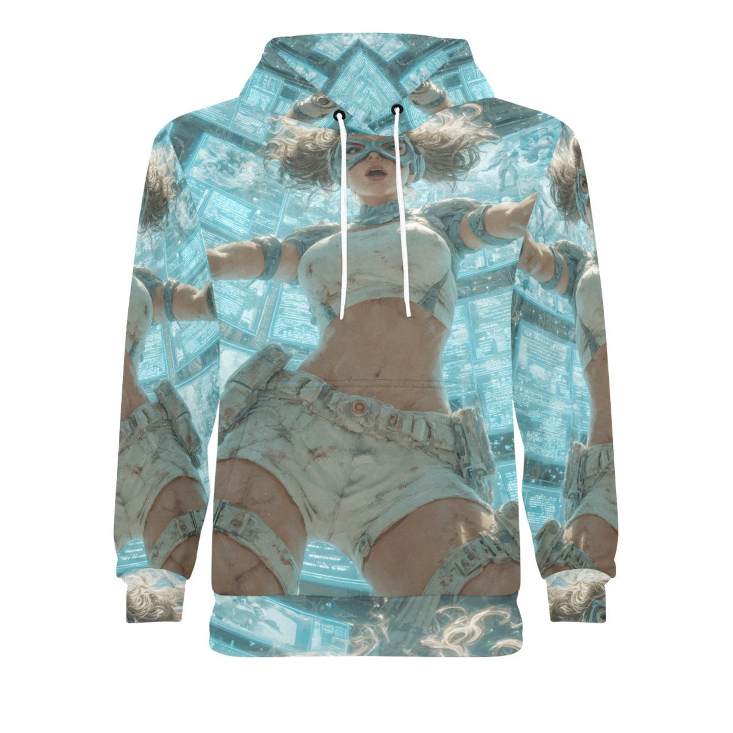 A long-sleeve pullover hoodie featuring an all-over abstract print of a woman in a white crop top and shorts against a light blue geometric background, with white drawstrings.