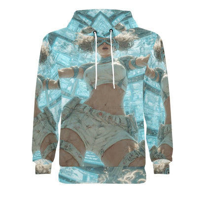 A long-sleeve pullover hoodie featuring an all-over abstract print of a woman in a white crop top and shorts against a light blue geometric background, with white drawstrings.
