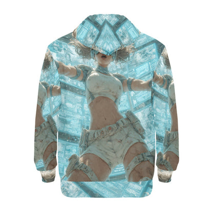A long-sleeve hoodie featuring an all-over abstract print of a woman in a white bikini against a light blue and white background, shown on a plain white studio background.