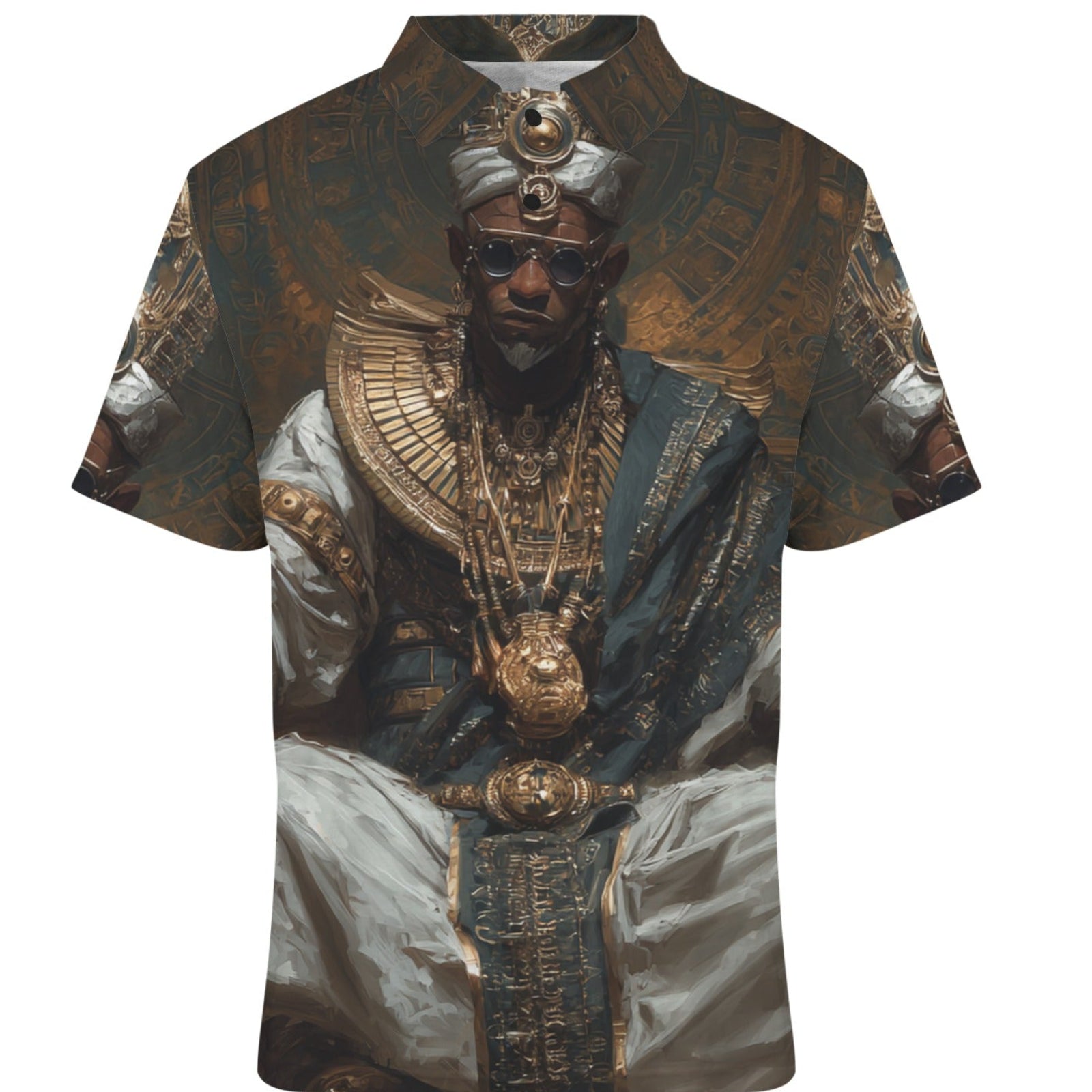 T-shirt with a design of a person in regal attire on a white background
