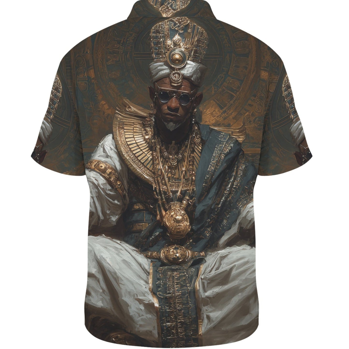 Short-sleeve shirt with a design of a person in regal attire on a white background