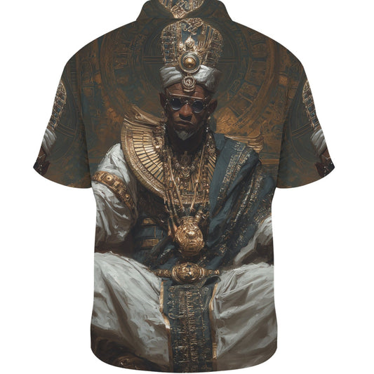 Short-sleeve shirt with a design of a person in regal attire on a white background